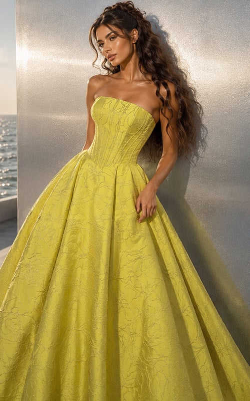 yellow jacquard strapless sweetheart ball gown
