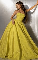 yellow jacquard strapless sweetheart ball gown