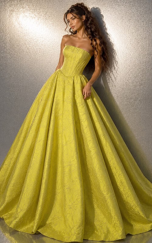 yellow jacquard strapless sweetheart ball gown