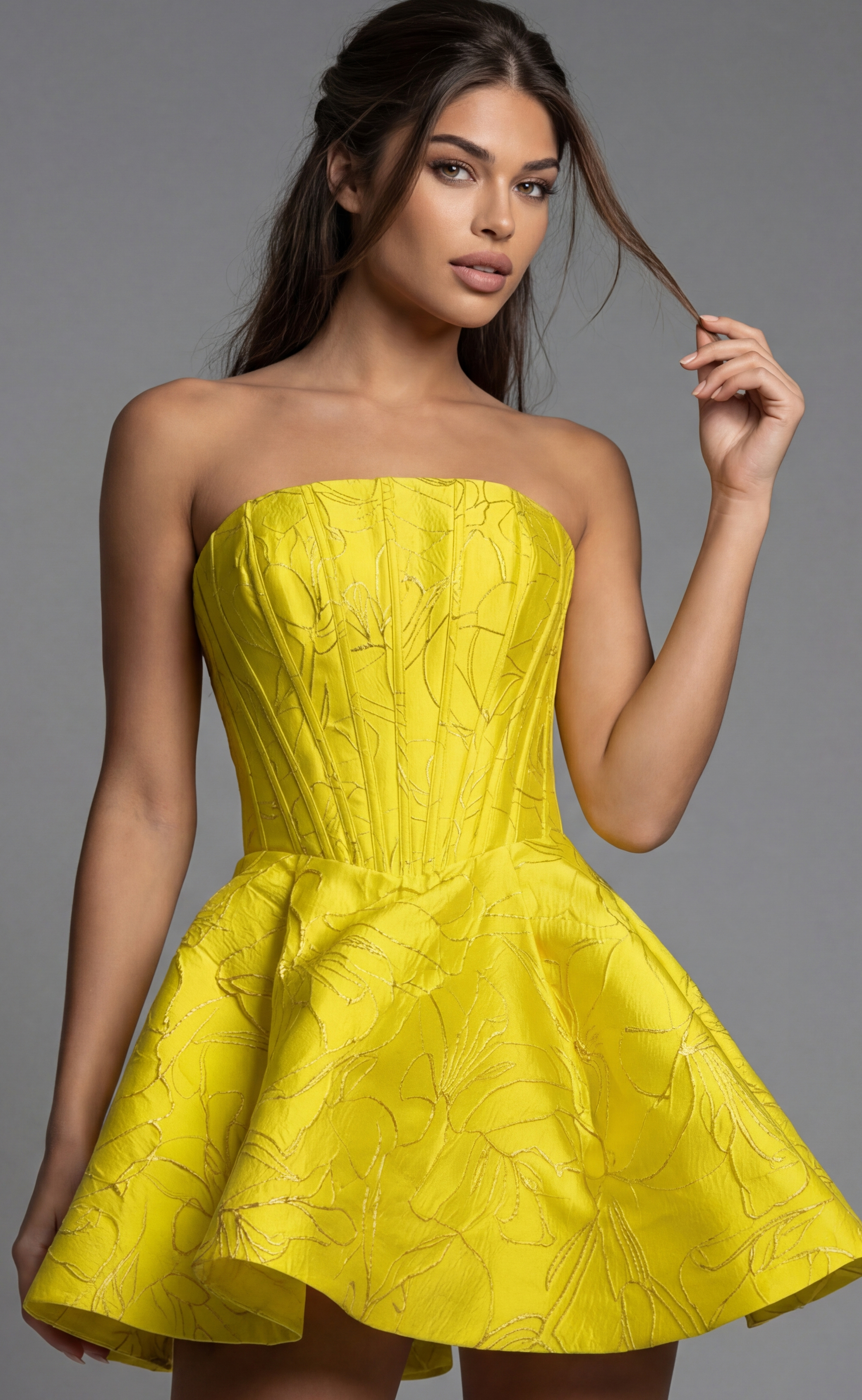 51709-1 yellow corset bodice fit and flare dress 51709