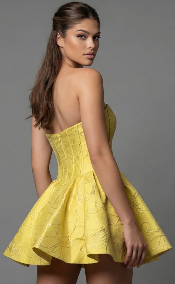 Strapless structured dress with sculpted bodice and flared skirt in textured fabric 51709