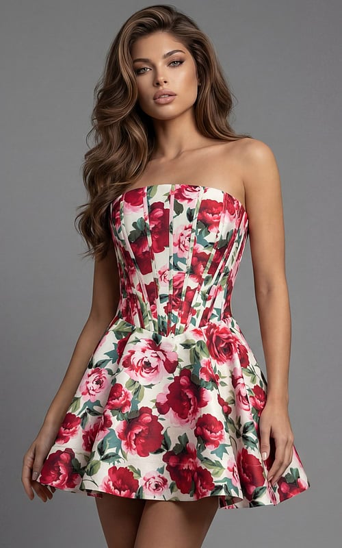 fit and flare strapless floral short dress 51713