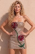 Shimmering bodycon dress with a straight-across neckline and detailed floral embroidery in contrasting red and green sequins.