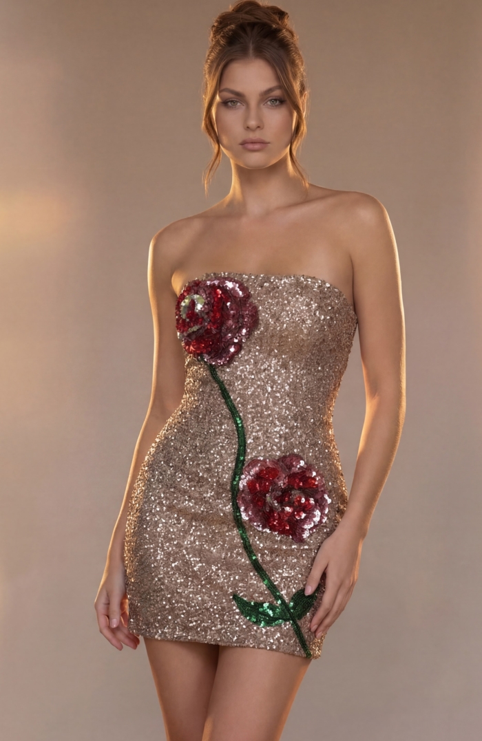 Form-fitting strapless cocktail dress by Jovani, fully embellished with shimmering sequins in a champagne gold hue.
