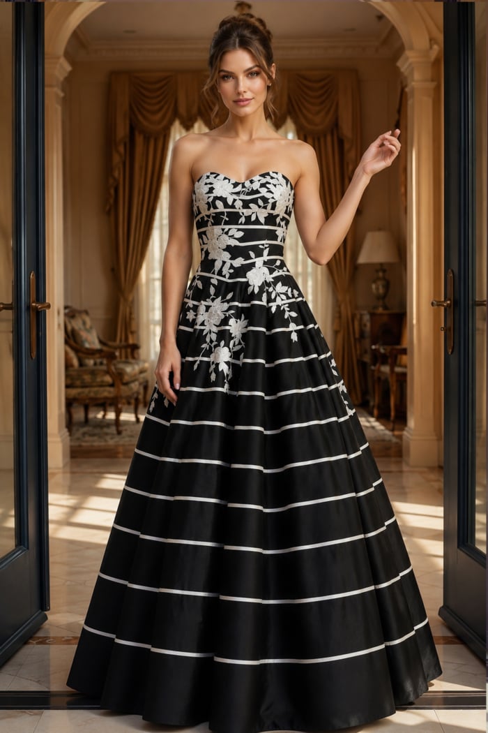 black and white floral stripe strapless sweetheart ball gown