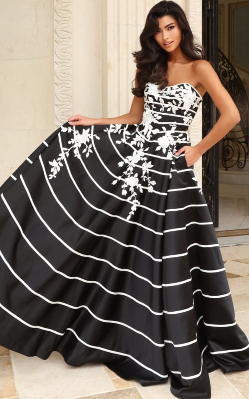Black and white striped taffeta ball gown with floral appliques, front view