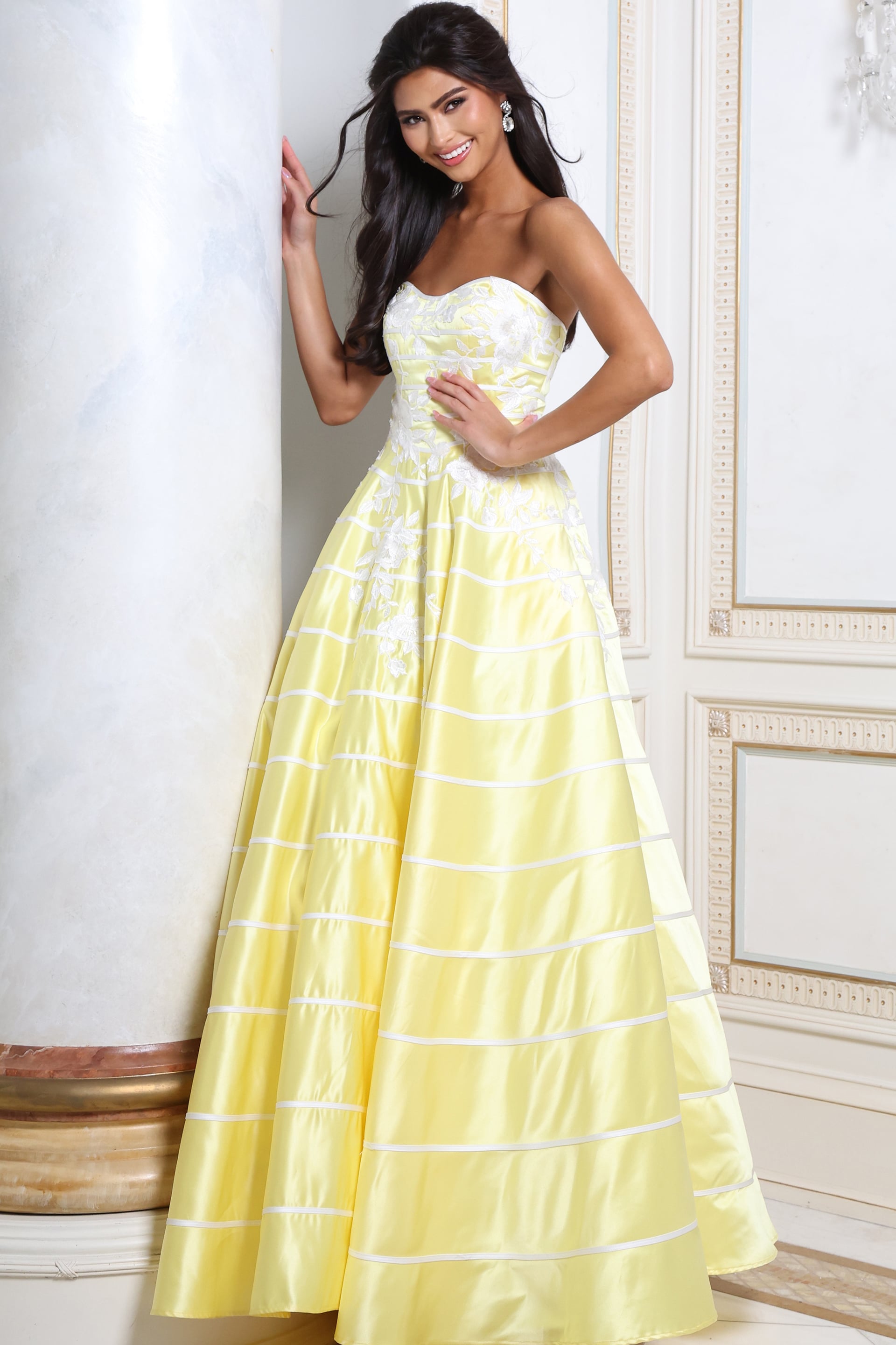 Yellow and white striped taffeta ball gown with strapless sweetheart bodice, front view