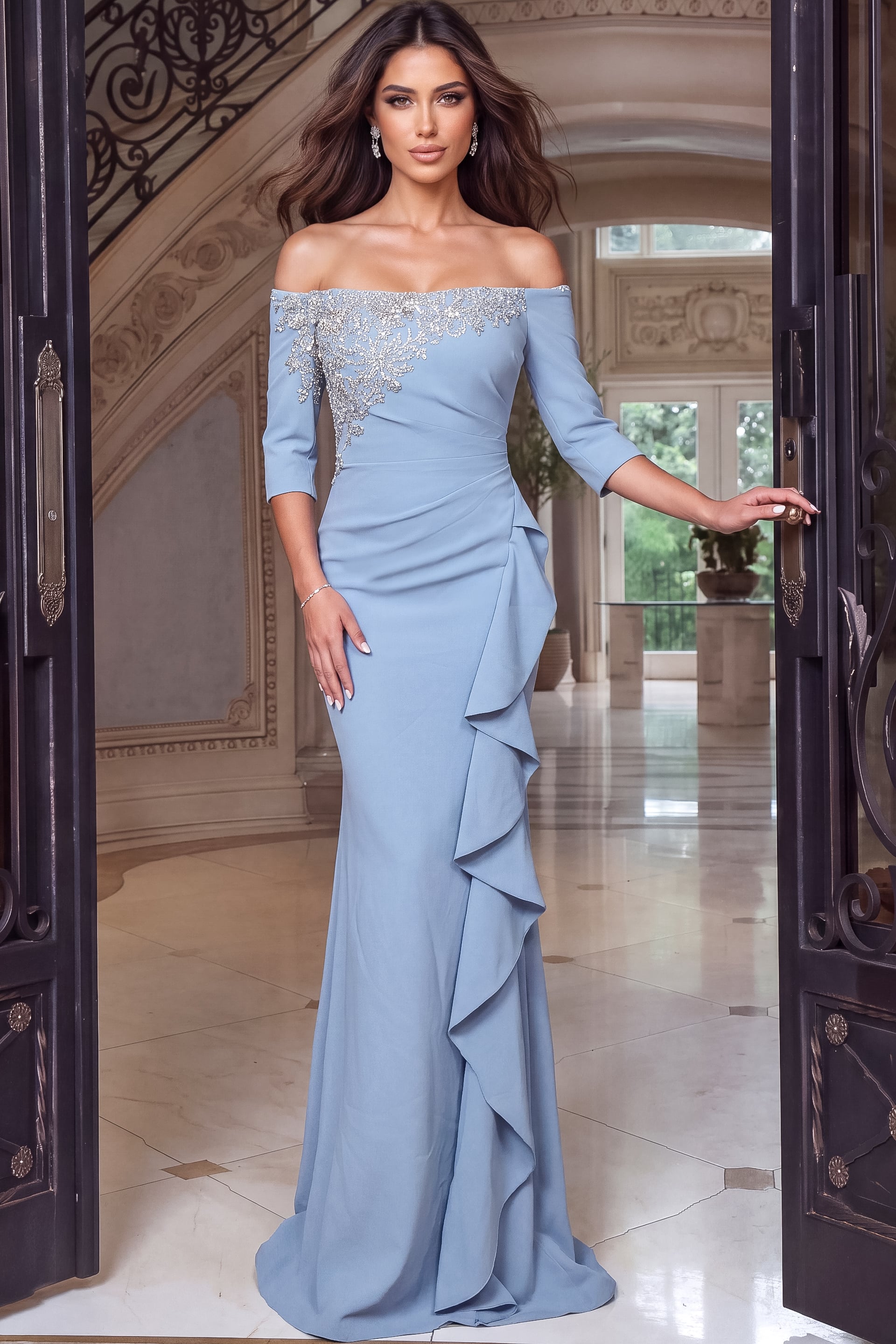 Ruffle cascades down the skirt of a pale blue off shoulder gown with beaded shoulder