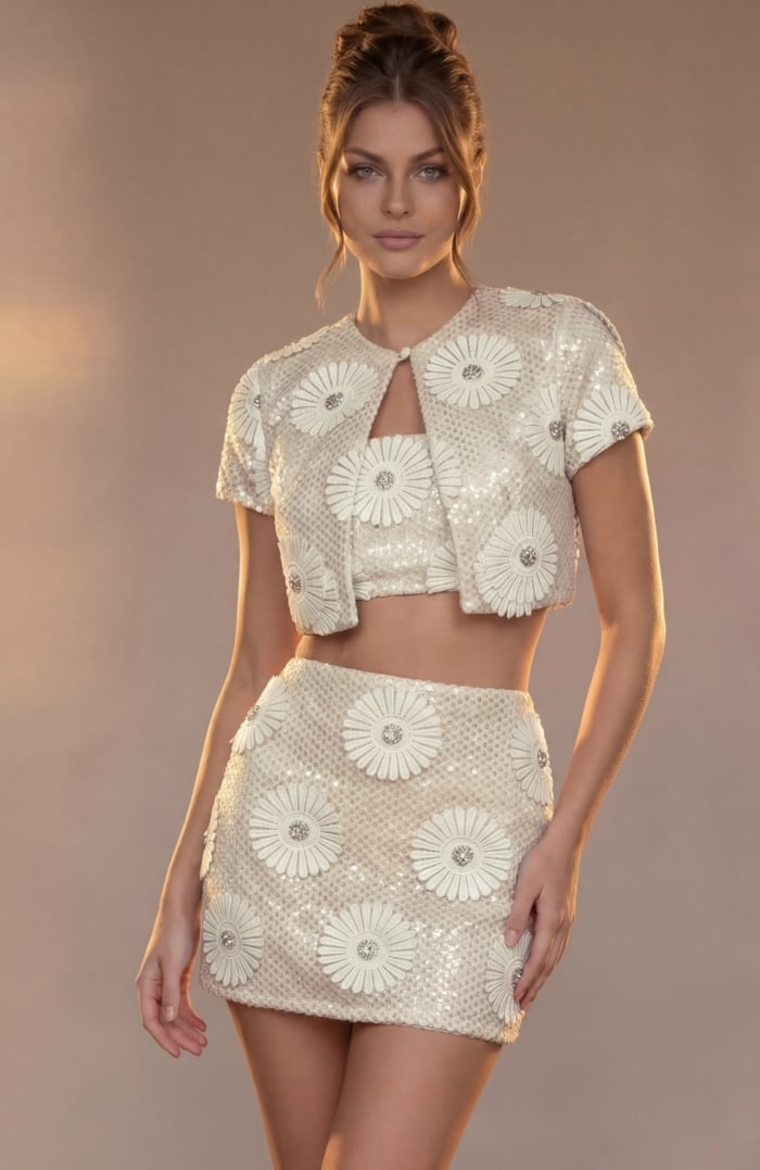 champagne floral sequin three piece set with cropped jacket, cami top and mini skirt, additional view
