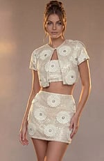 champagne floral sequin three piece set with cropped jacket, cami top and mini skirt