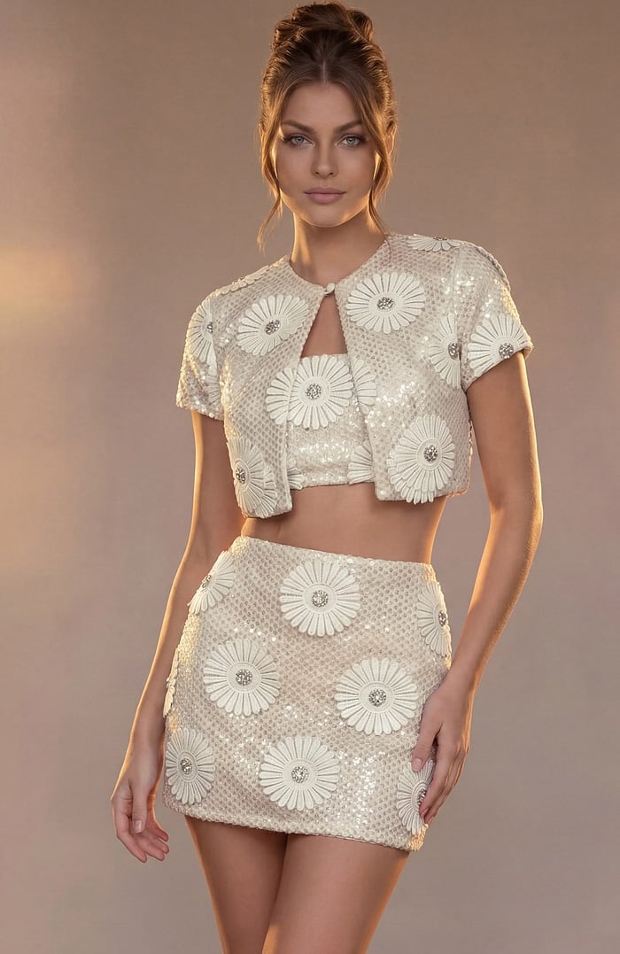 champagne floral sequin three piece set with cropped jacket, cami top and mini skirt