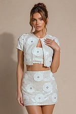 champagne floral sequin three piece set with cropped jacket, cami top and mini skirt