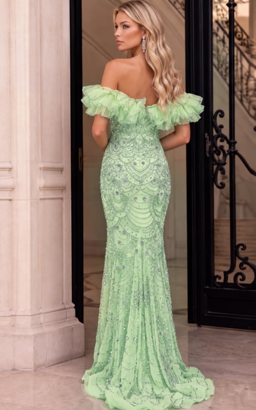 Off Shoulder Ruffle Beaded Scalloped Fitted Pageant Gown 51766
