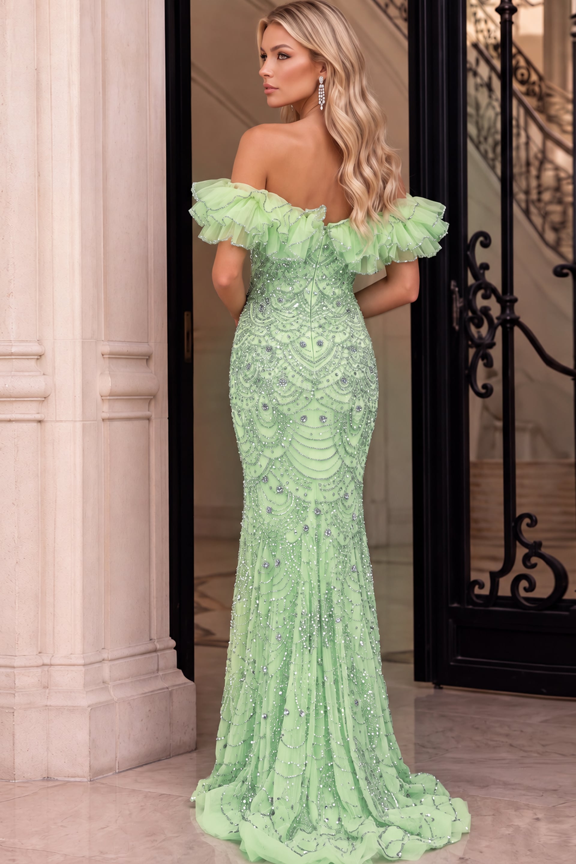 Off Shoulder Ruffle Beaded Scalloped Fitted Pageant Gown 51766 - Image 2