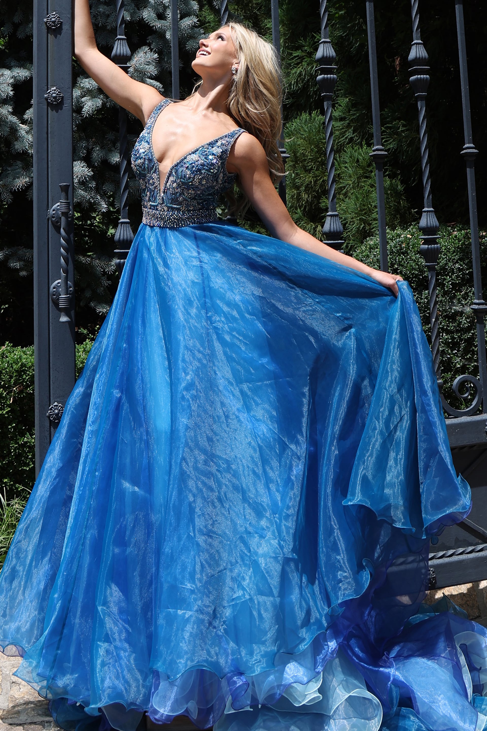 beaded v neckline blue dress 51775