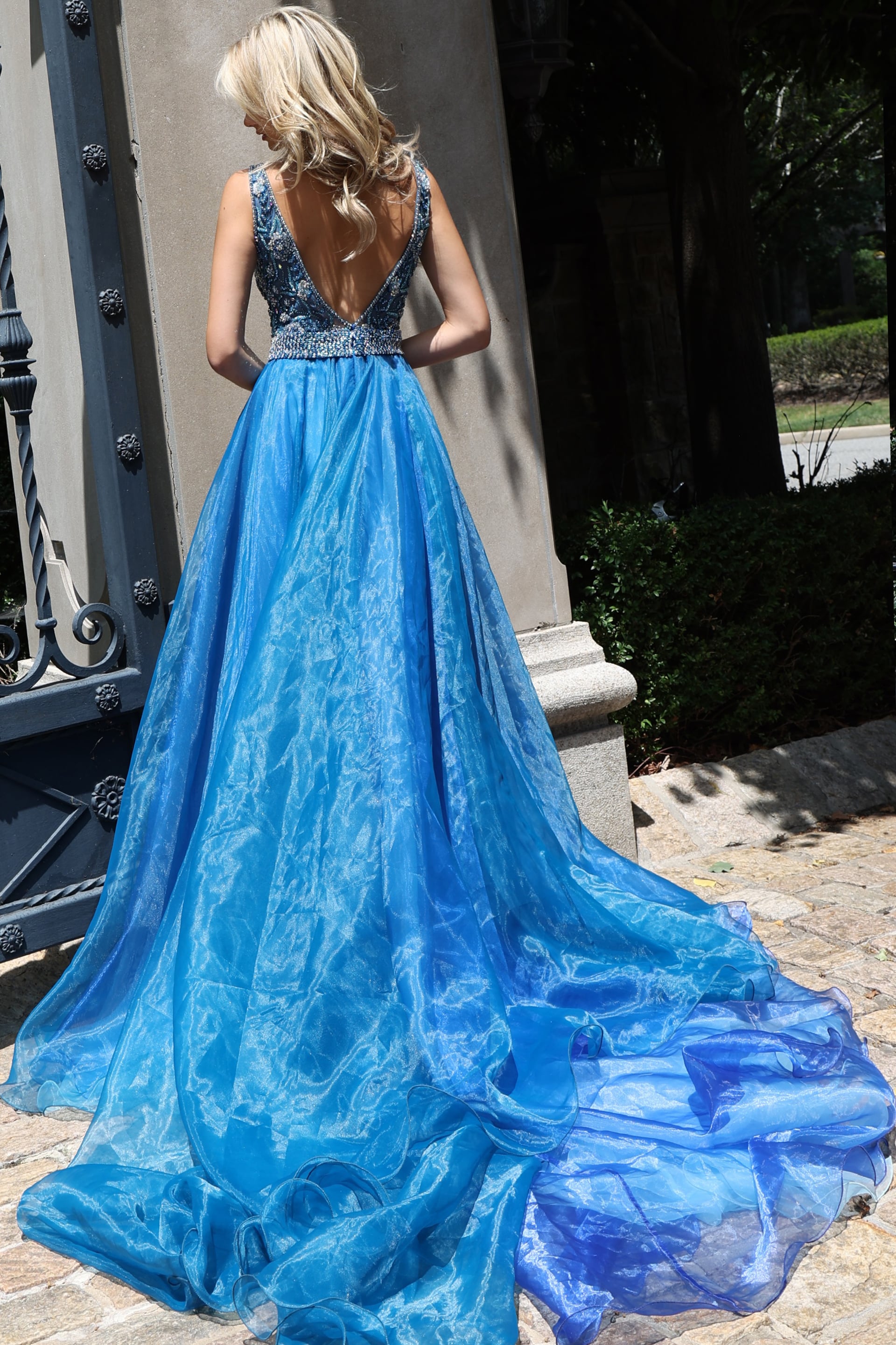 backless blue a line dress 51775