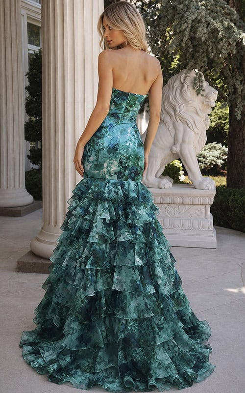 back view of green floral print strapless mermaid gown with tiered ruffle train