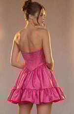 Sleek strapless mini dress in bold pink satin with vertical bodice detailing and a wide ruffle hemline.
