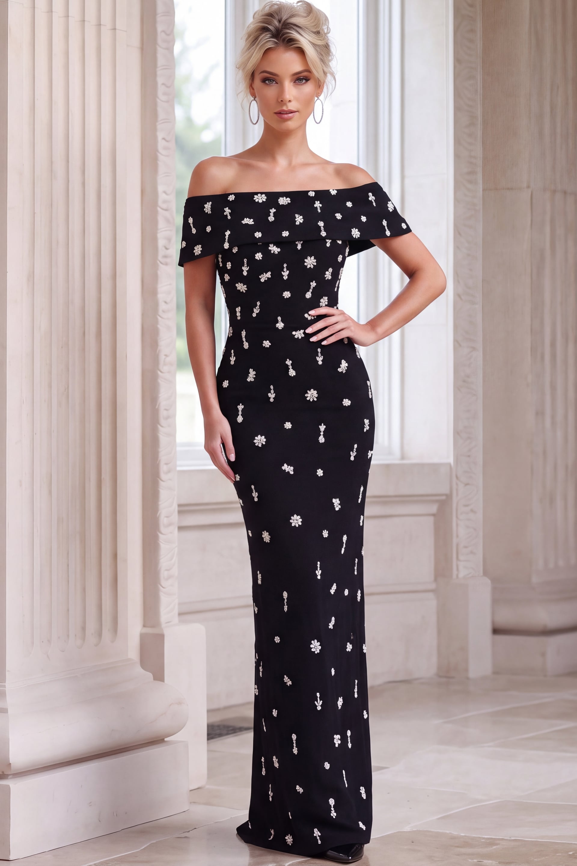 Luxury black formal gown with pearl-like floral embellishments, sculpted silhouette, and elegant off-shoulder styling.