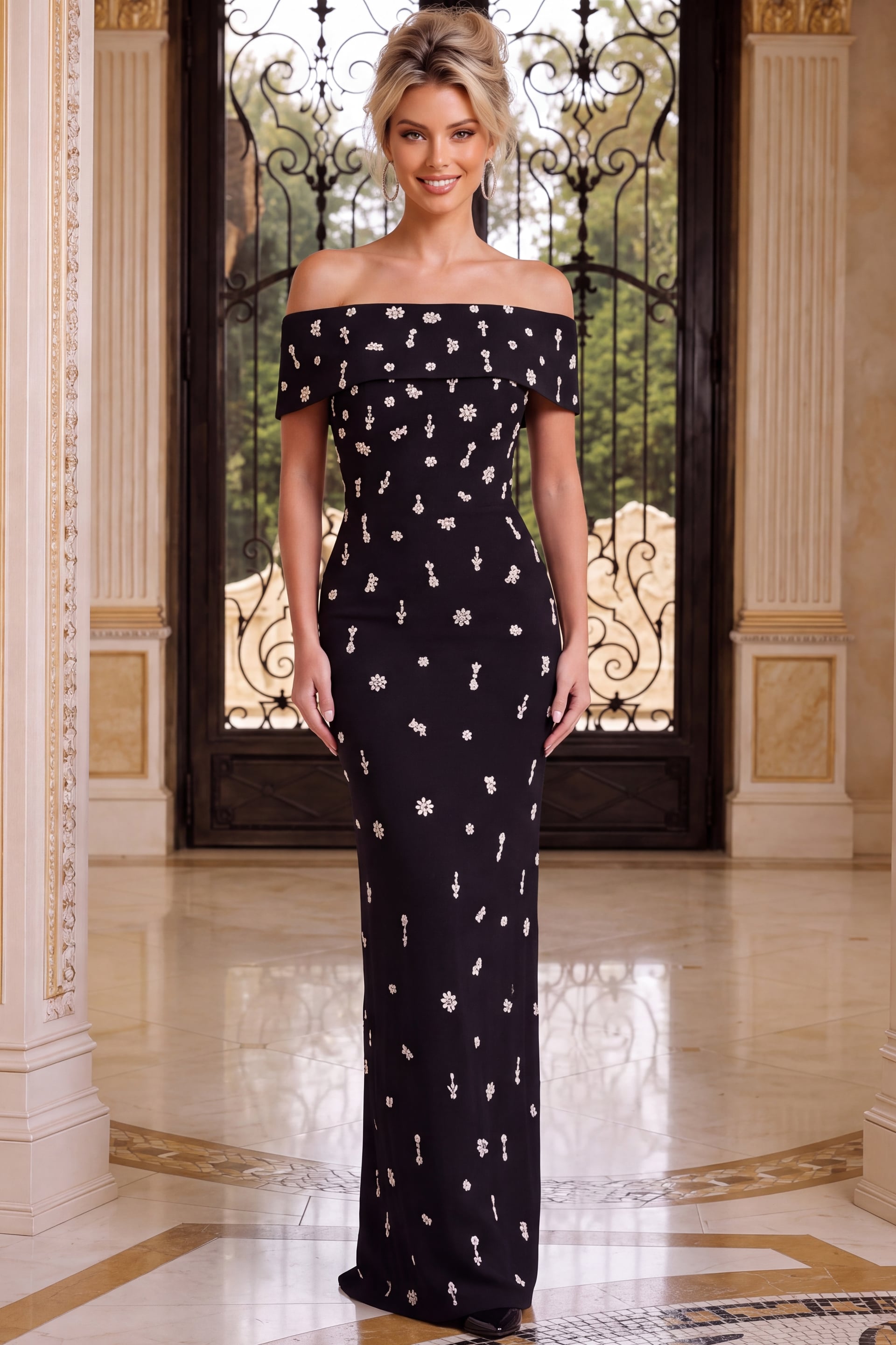Black off-the-shoulder fitted evening gown with scattered floral embellishments and a floor-length silhouette.