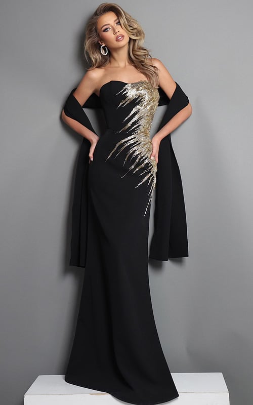 black mermaid long dress with strapless gold sequin embroidery