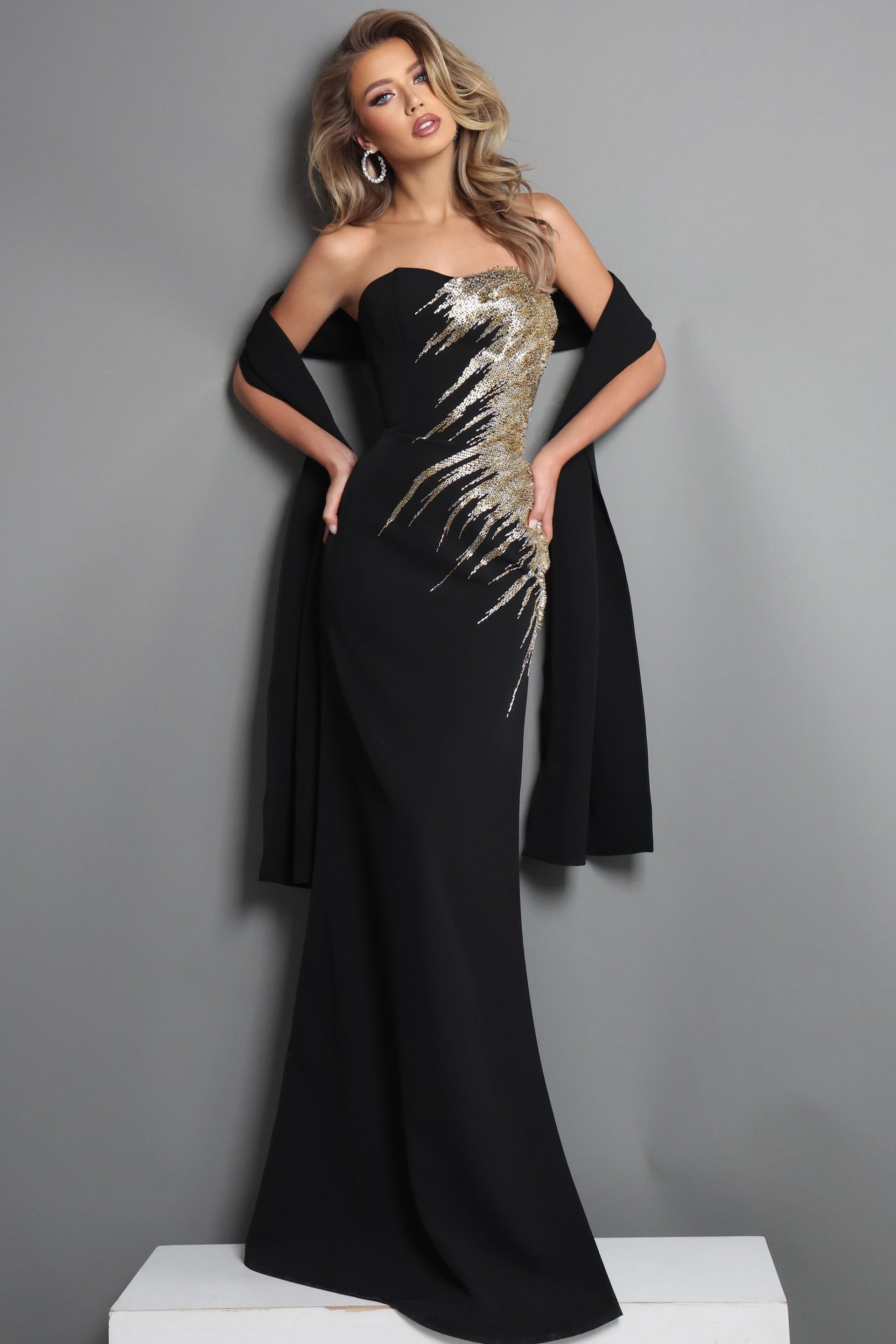 51900 black mermaid long dress with strapless gold sequin embroidery