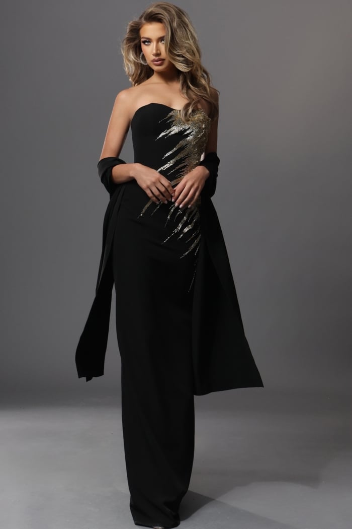 black mermaid long dress with strapless gold sequin embroidery