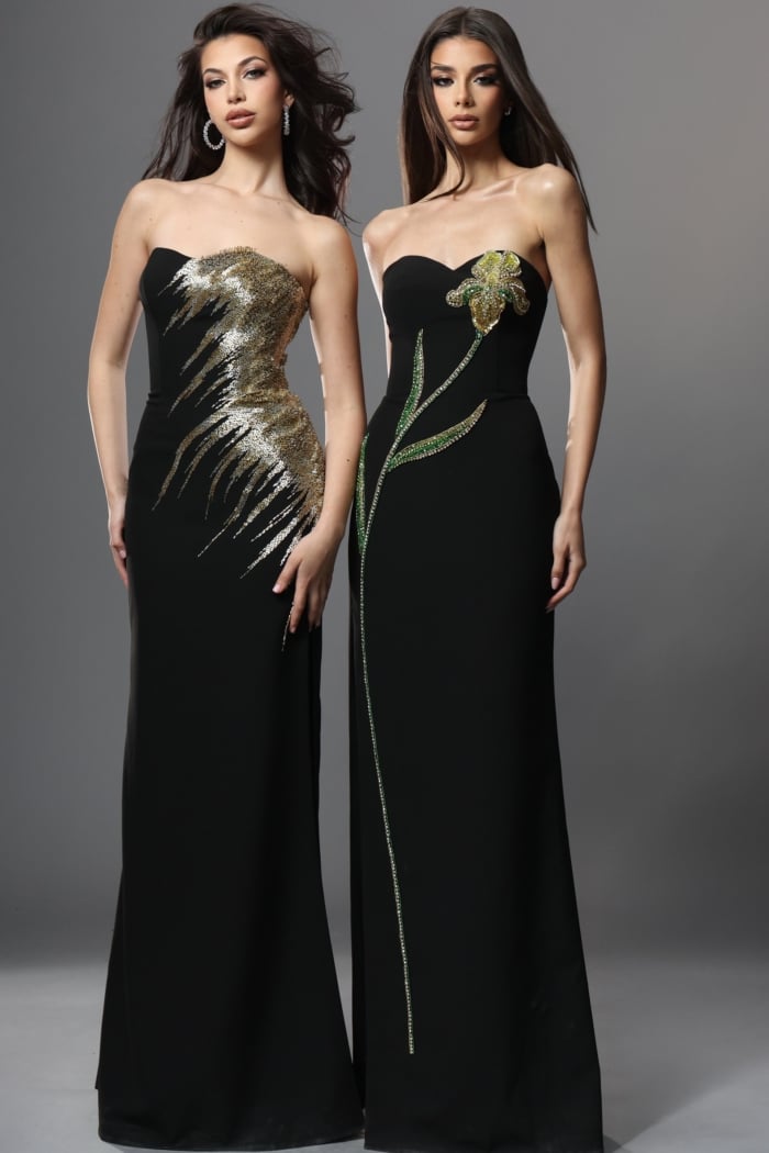 black mermaid long dress with strapless gold sequin embroidery