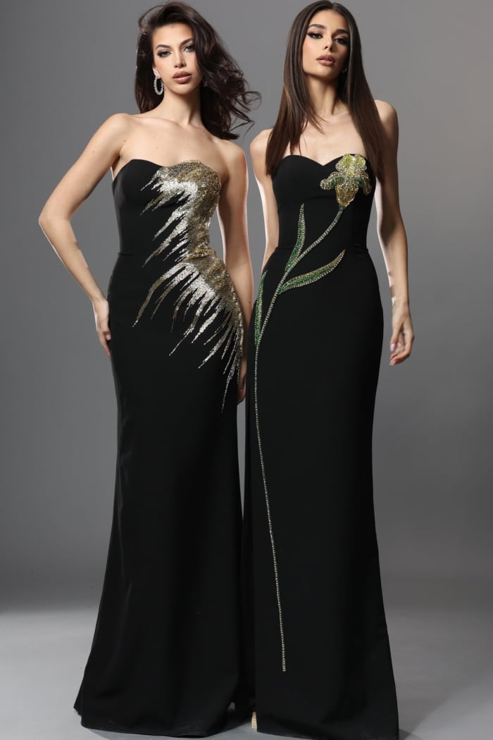 black mermaid long dress with strapless gold sequin embroidery