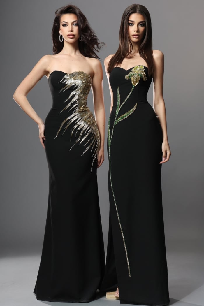 black mermaid long dress with strapless gold sequin embroidery