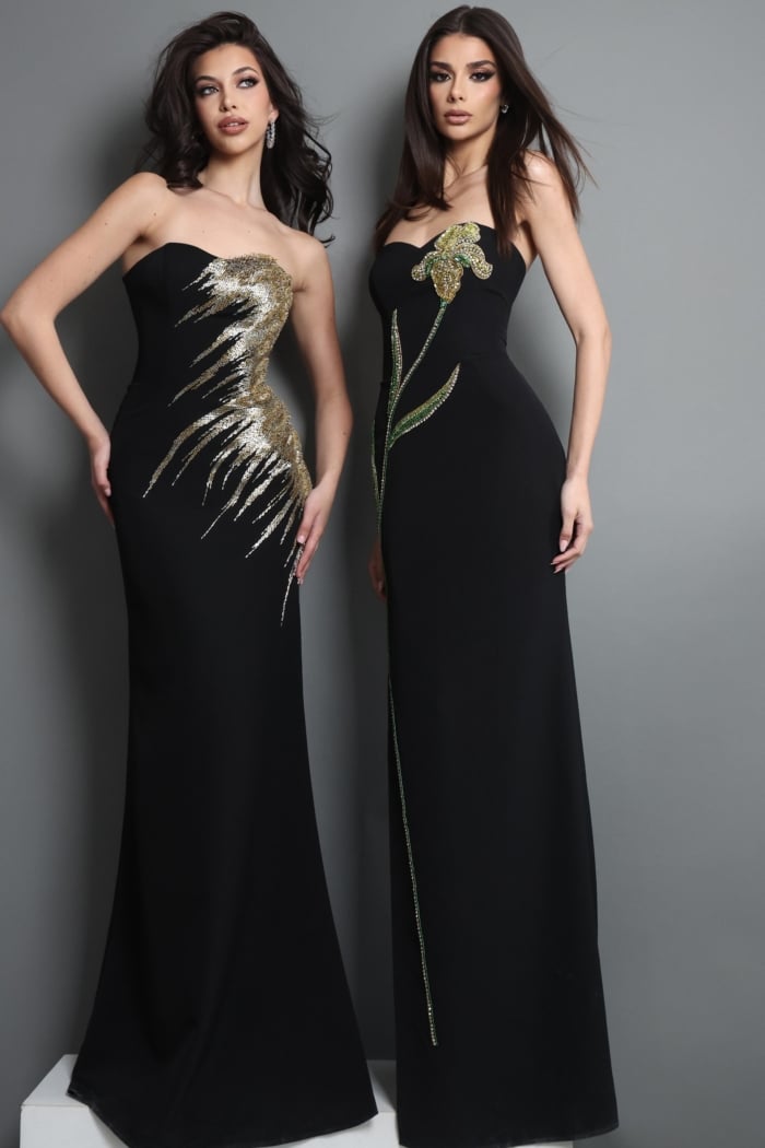 black mermaid long dress with strapless gold sequin embroidery