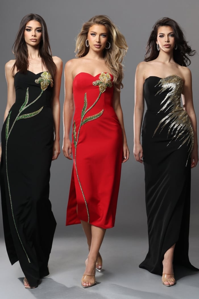 black mermaid long dress with strapless gold sequin embroidery
