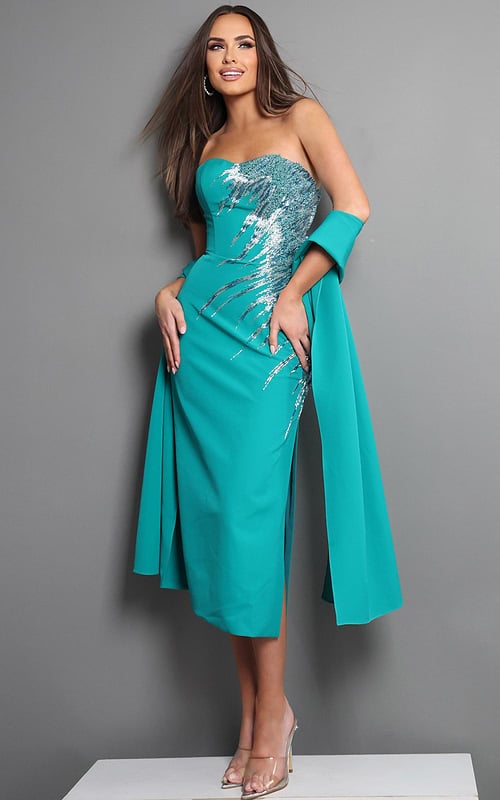 teal sheath midi dress with strapless sweetheart sequin embellished