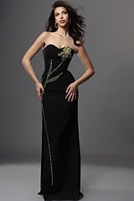 black sheath long dress with strapless sweetheart embellished flower design