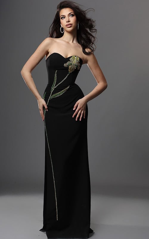 black sheath long dress with strapless sweetheart embellished flower design