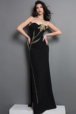 black sheath long dress with strapless sweetheart embellished flower design