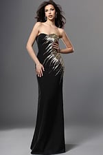 black sheath long dress with strapless sweetheart embellished flower design