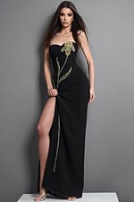 black sheath long dress with strapless sweetheart embellished flower design