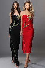 black sheath long dress with strapless sweetheart embellished flower design