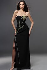 black sheath long dress with strapless sweetheart embellished flower design