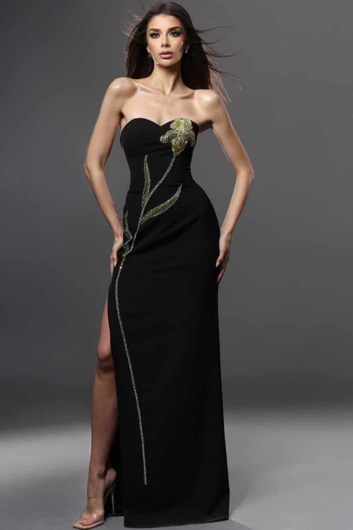 black sheath long dress with strapless sweetheart embellished flower design