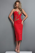 red sheath midi dress with strapless sweetheart embroidered floral slit