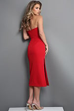 red sheath midi dress with strapless sweetheart embroidered floral slit