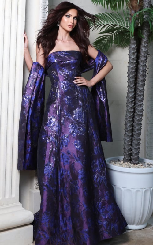 Purple metallic textured strapless gown with draped shawl, front view