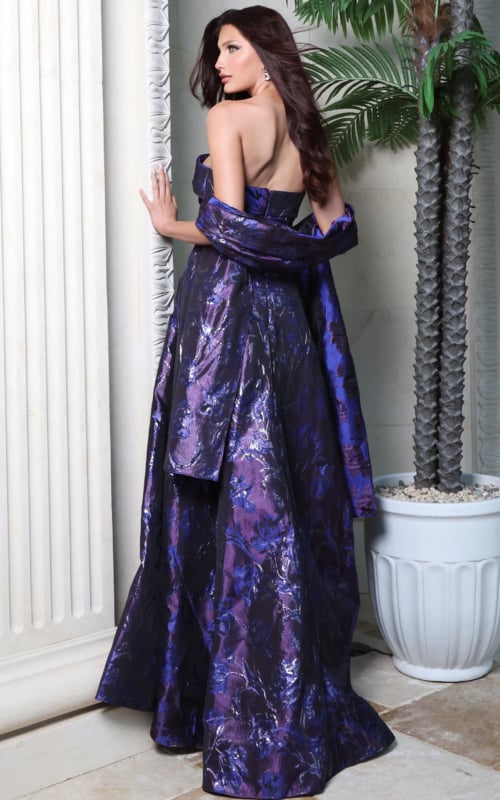 Purple metallic textured strapless gown with draped shawl, back view