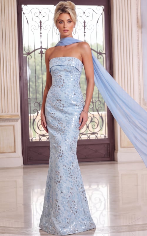 Light blue foil sequin gown, strapless and floor length, with chiffon scarf floating outward