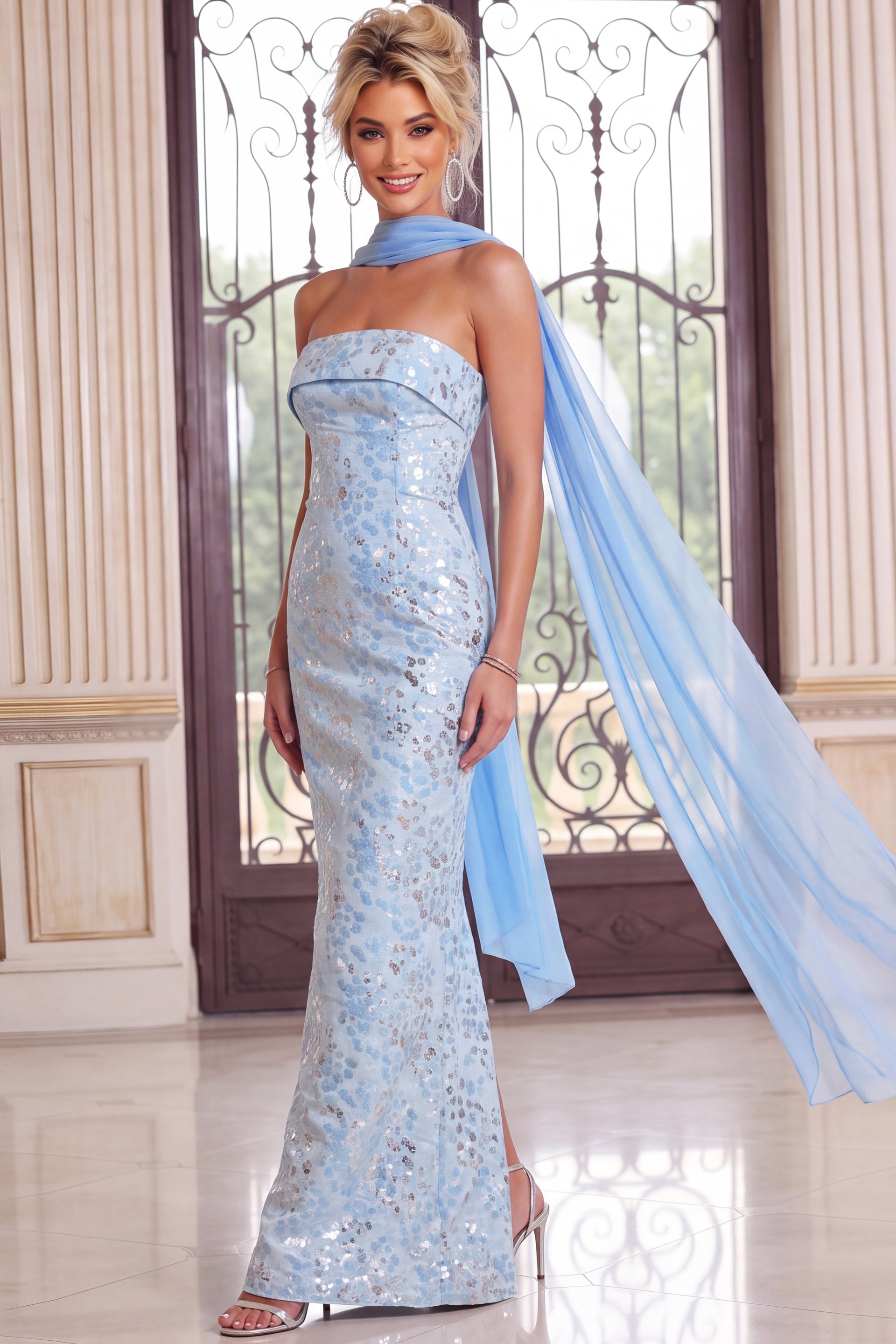 Sky blue sequinned mermaid gown photographed at a slight turn with scarf trailing past the hem