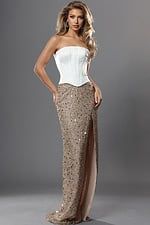 white champagne corset sheath long dress with strapless sequin high slit