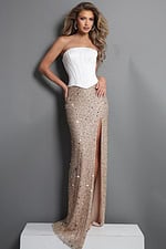 white champagne corset sheath long dress with strapless sequin high slit