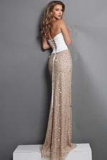 white champagne corset sheath long dress with strapless sequin high slit
